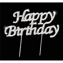 Strasszos beszúró "HAPPY BIRTHDAY" ezüst